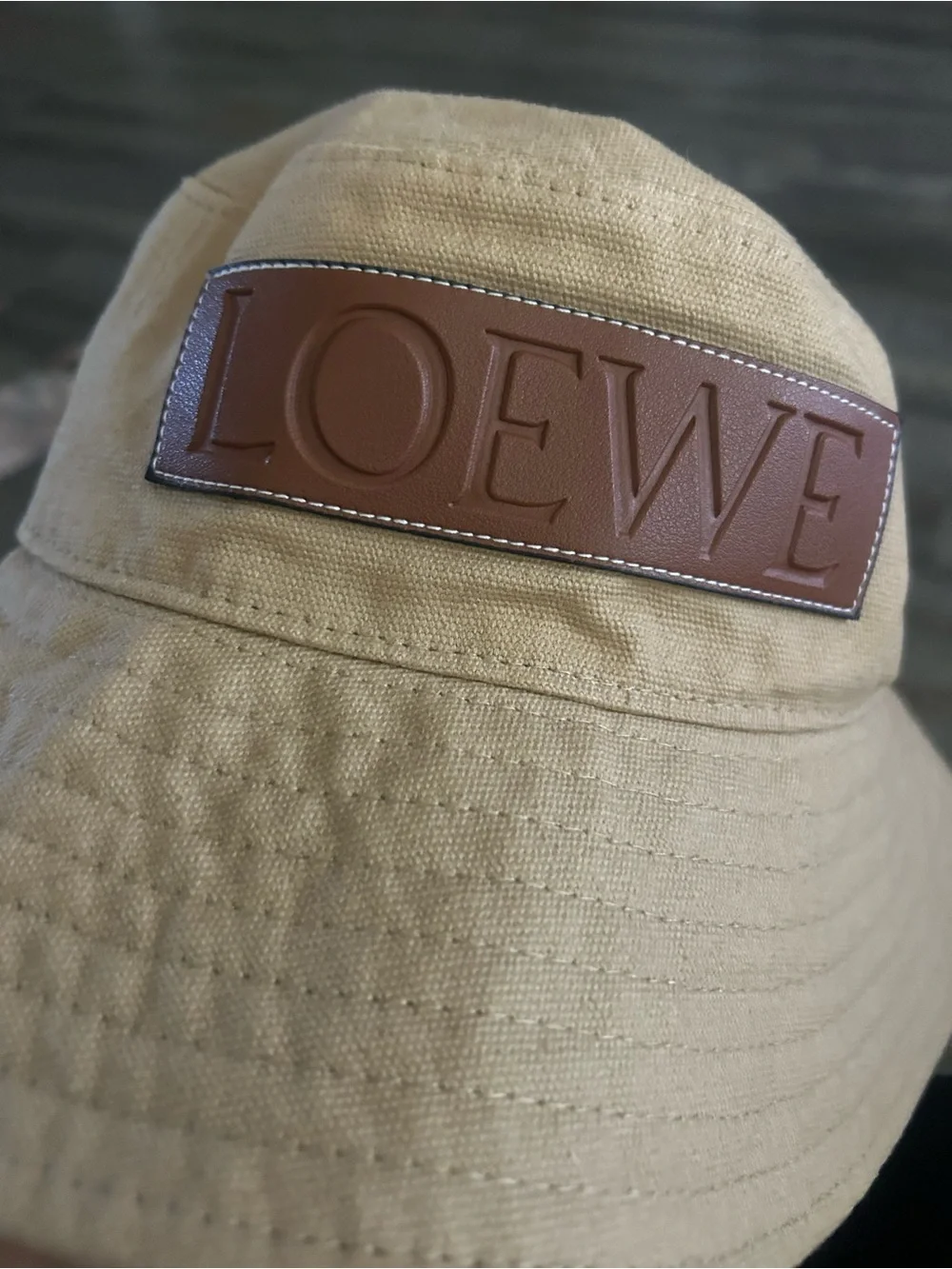 Beige Canvas Bucket Hat with Leather Logo Patch